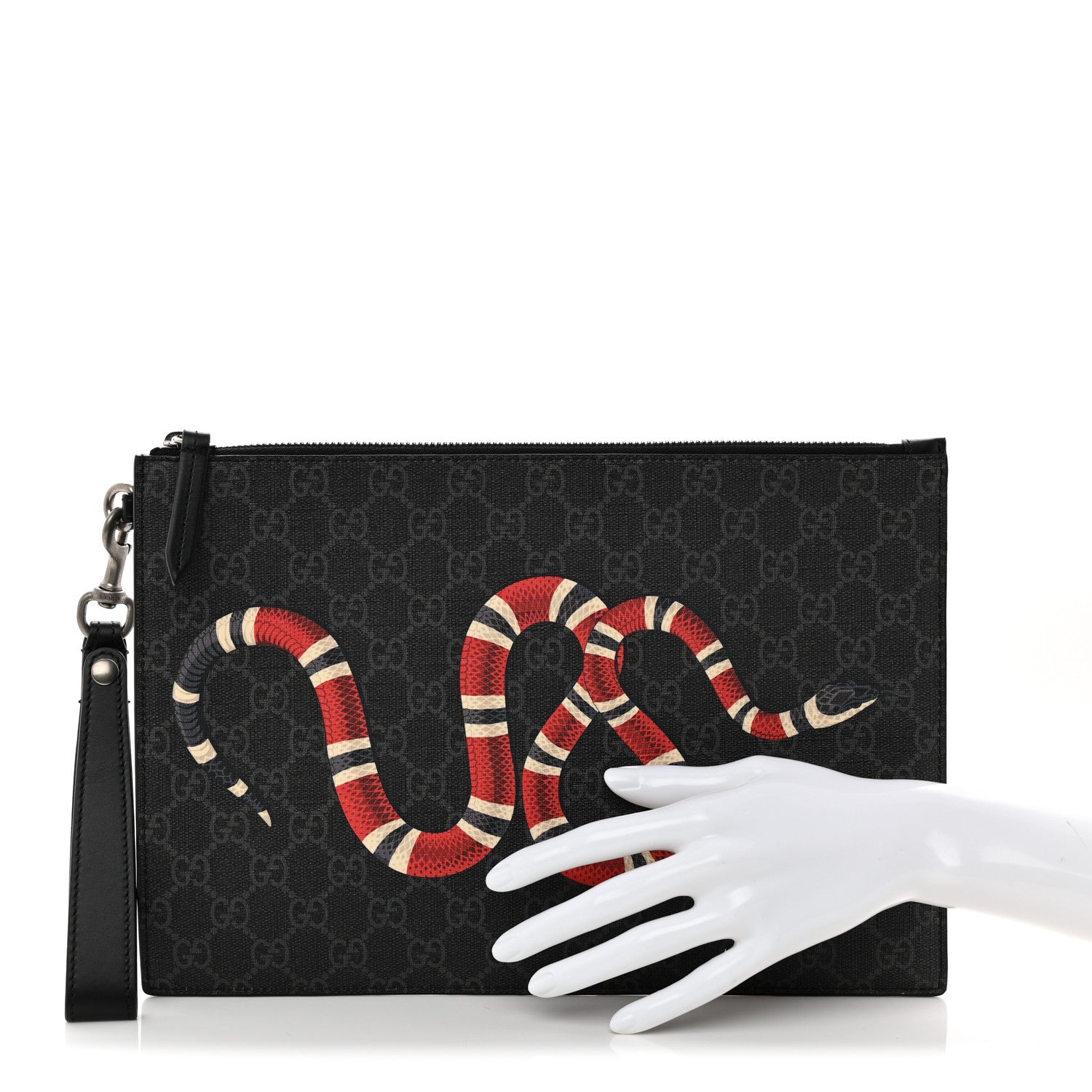 Gucci GG Supreme Monogram Kingsnake Zip Wristlet Pouch Black Grey 2 of 8