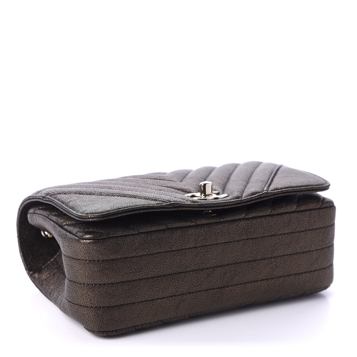 Metallic Caviar Chevron Quilted Mini Statement Flap Bronze