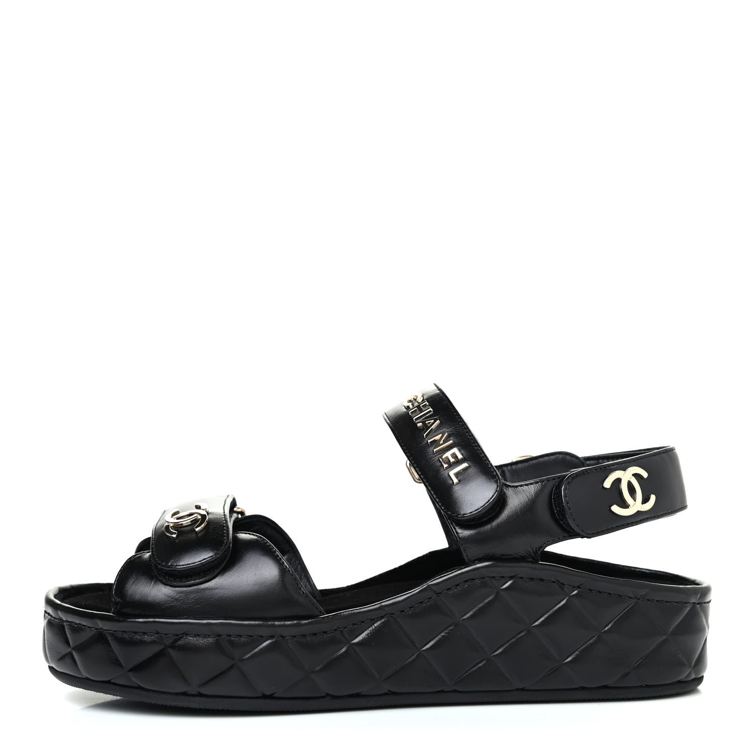 Chanel Shiny Calfskin Logo Platform Sandals 37 Black 1 of 4