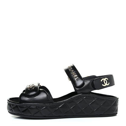 Chanel Shiny Calfskin Logo Platform Sandals 37 Black 1 of 4
