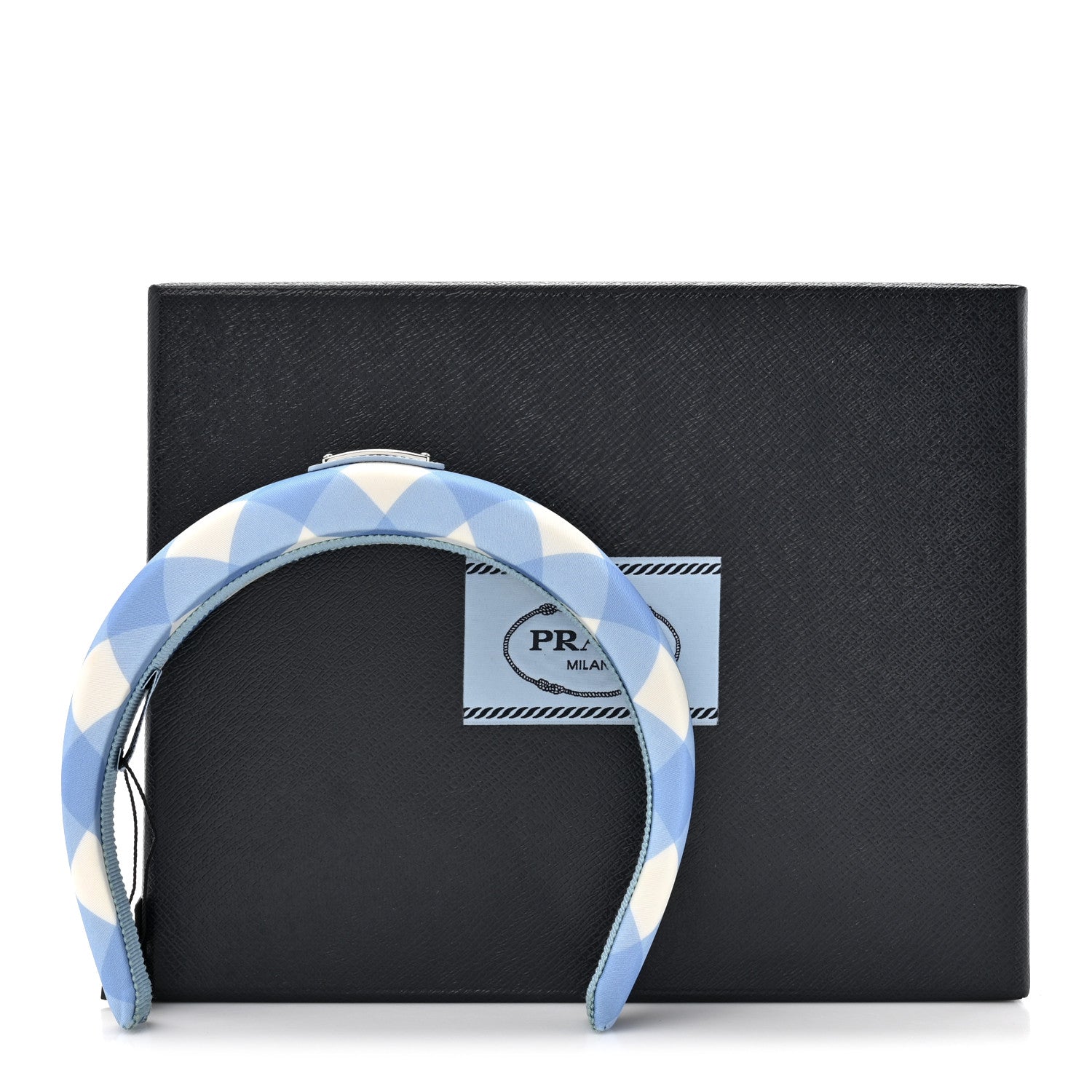 Prada Re-Nylon Gingham Check Printed Triangle Logo Headband Light Blue 6 of 6