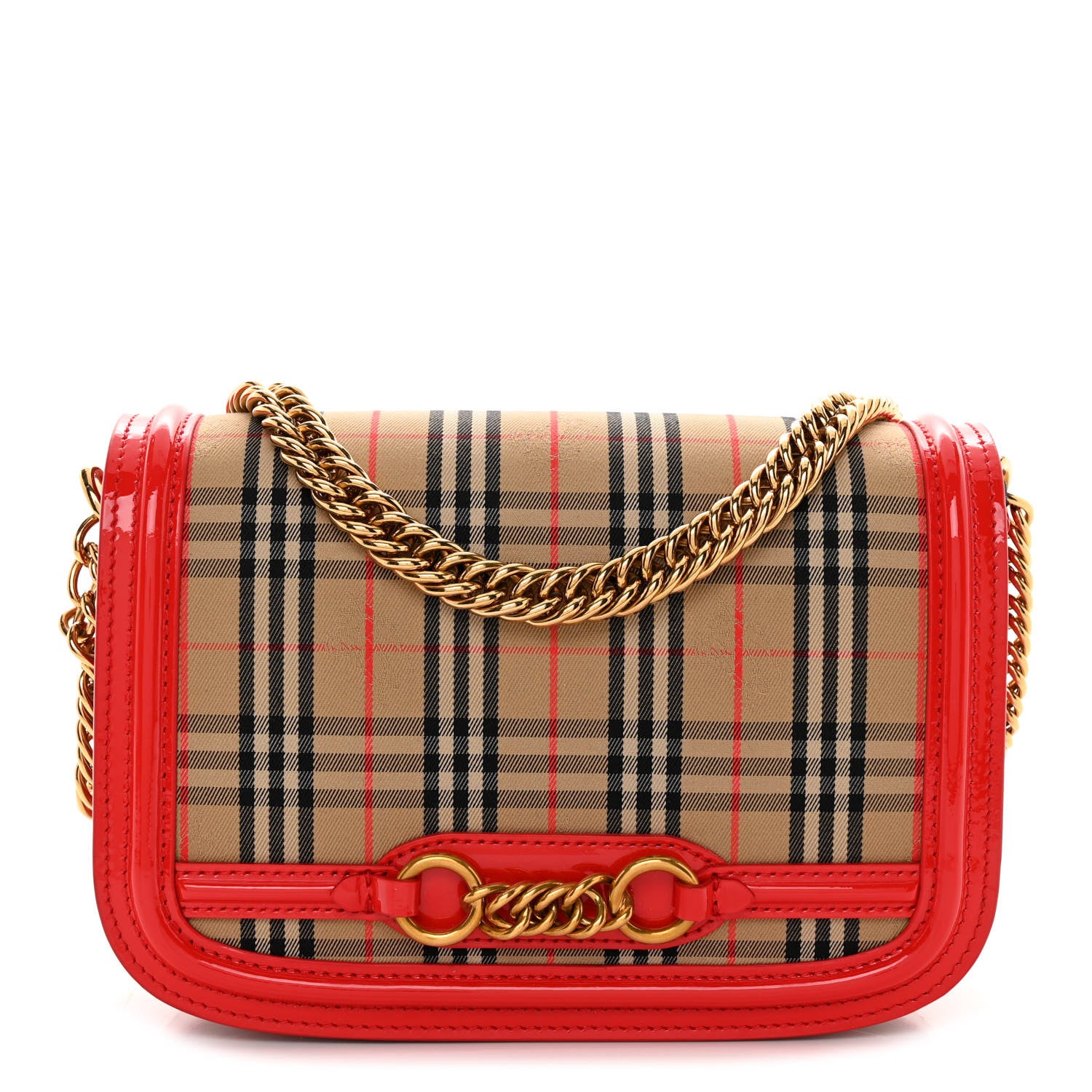 Burberry Patent 1983 Knight Check Link Shoulder Bag Bright Red 1 of 9