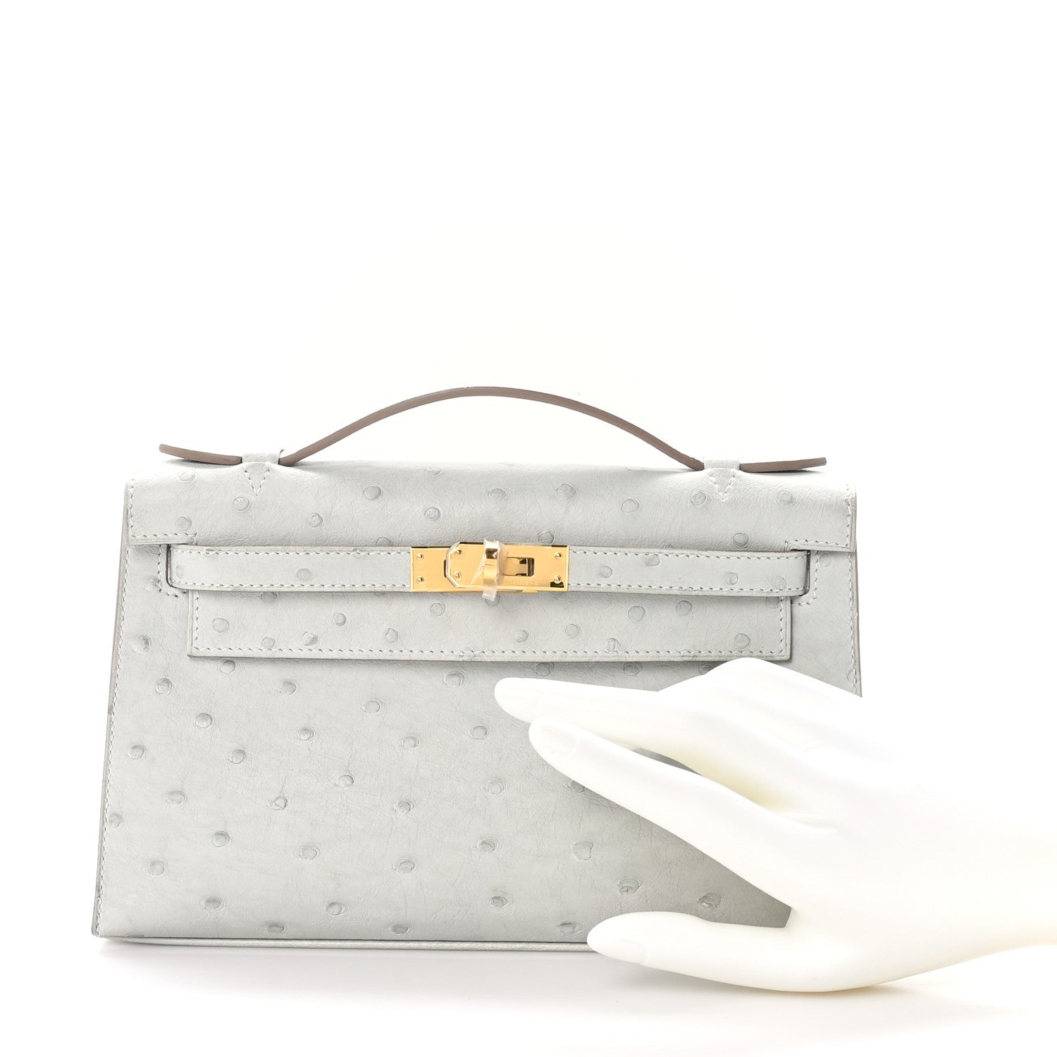 Hermes Ostrich Kelly Pochette Clutch Gris Perle 3 of 12