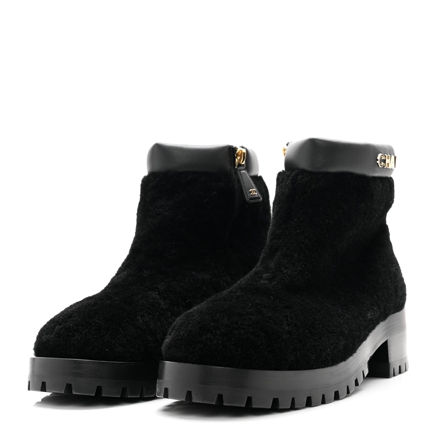 Shearling Lambskin Logo Short Boots 38 Black