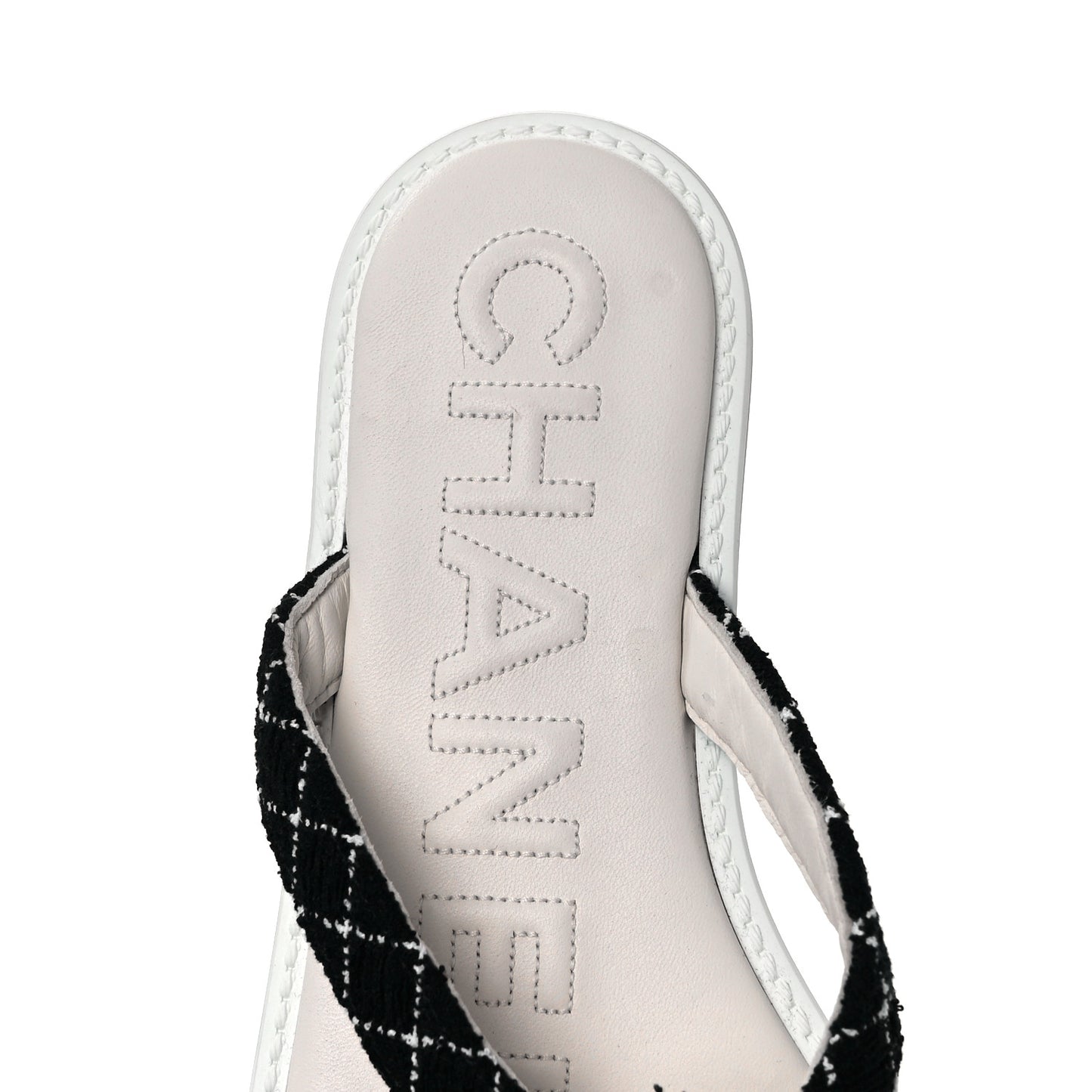Tweed Quilted Camellia Thong Sandals 37.5 Black White