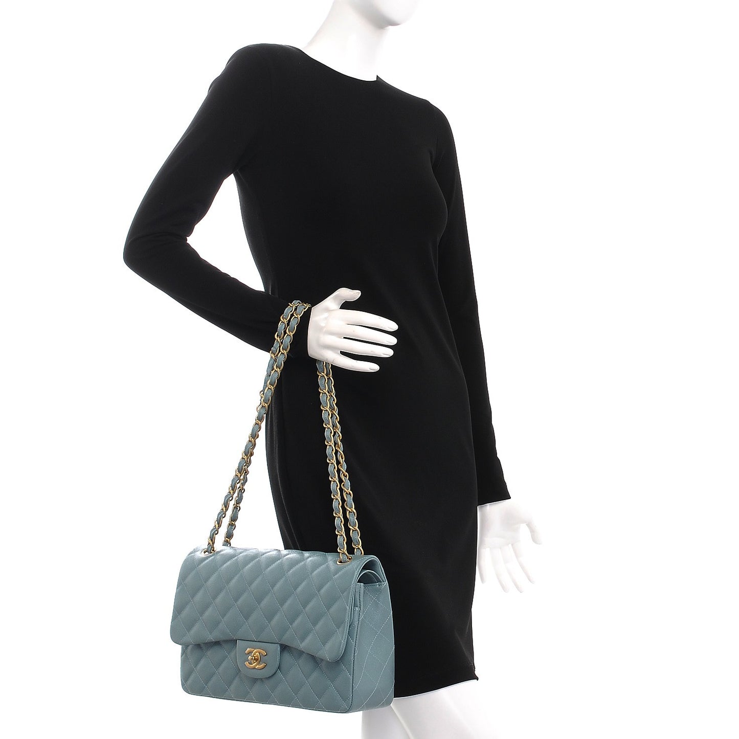 Caviar Quilted Jumbo Double Flap Light Blue