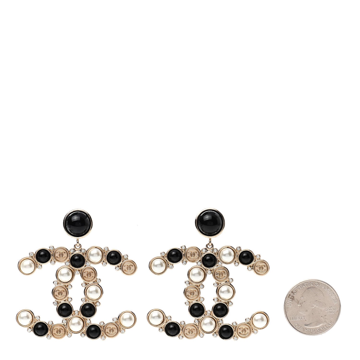 Chanel Crystal Pearl Metal Resin Polka Dot CC Drop Earrings Black Gold 2 of 5