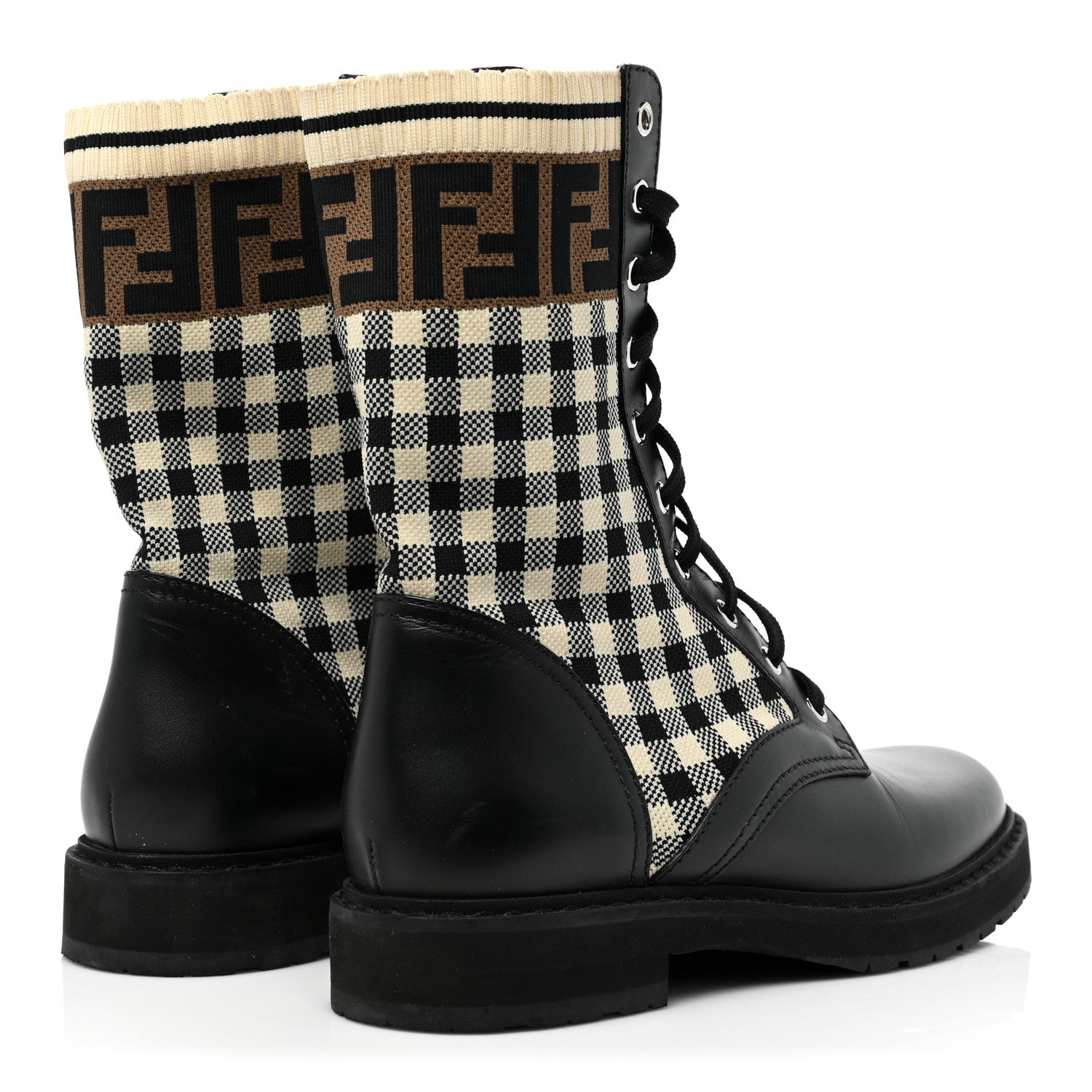 Fendi Vitello Stretch Fabric FF Vichy Rockoko Biker Boots 38.5 Black Crema Tobacco 4 of 13