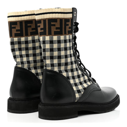 Fendi Vitello Stretch Fabric FF Vichy Rockoko Biker Boots 38.5 Black Crema Tobacco 4 of 13