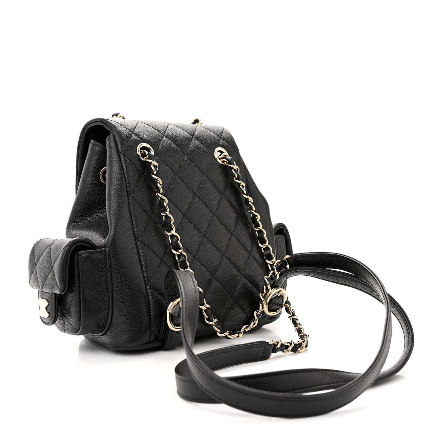 Shiny Caviar Quilted Small Pockets Drawstring Backpack Black