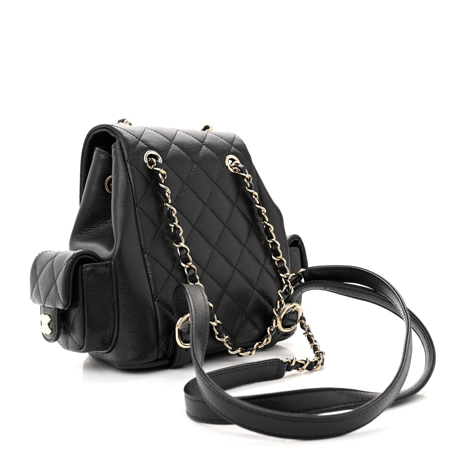 Chanel Shiny Caviar Quilted Small Pockets Drawstring Backpack Black 3 of 10