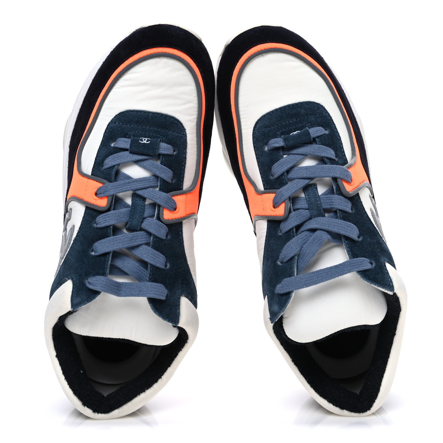 Chanel Nylon Calfskin Suede CC Womens Sneakers 40 Navy White Orange 2 of 10