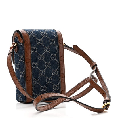 Gucci New Denim GG Monogram Dollar Calfskin Mini Horsebit 1955 Crossbody Bag Blue Tea Cuir Epilog 3 of 12