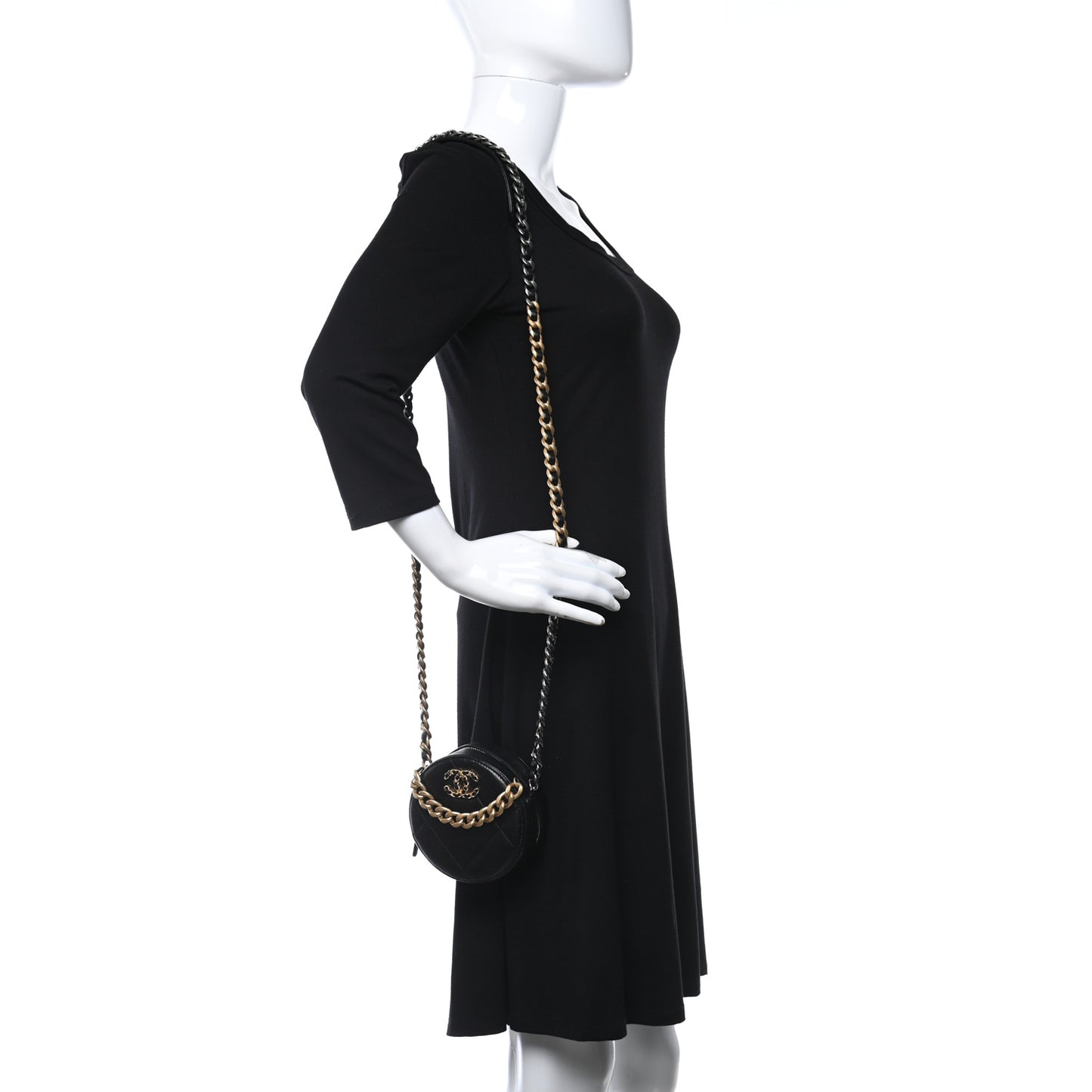 Shiny Goatskin Quilted Chanel 19 Round Clutch With Chain Black