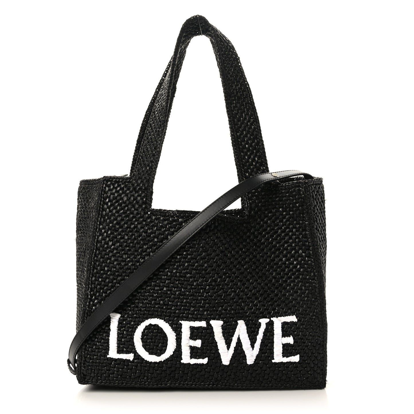 Raffia Medium Paula's Ibiza Logo Tote Black White