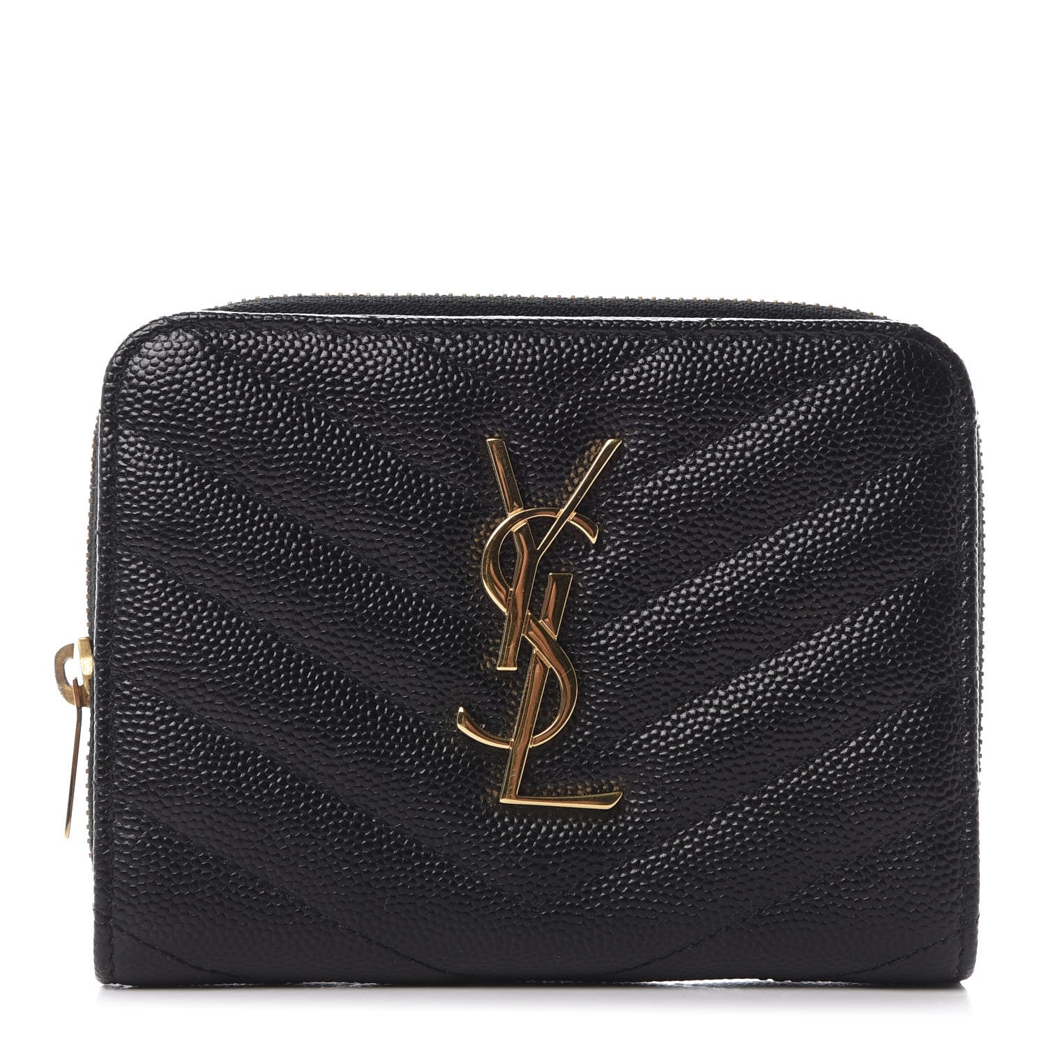Saint Laurent Grain De Poudre Matelasse Chevron Monogram Compact Zip Around Wallet Black 1 of 9