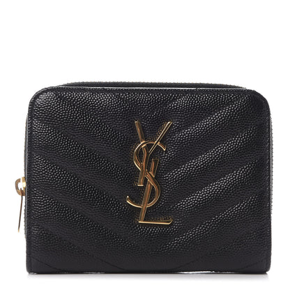 Saint Laurent Grain De Poudre Matelasse Chevron Monogram Compact Zip Around Wallet Black 1 of 9