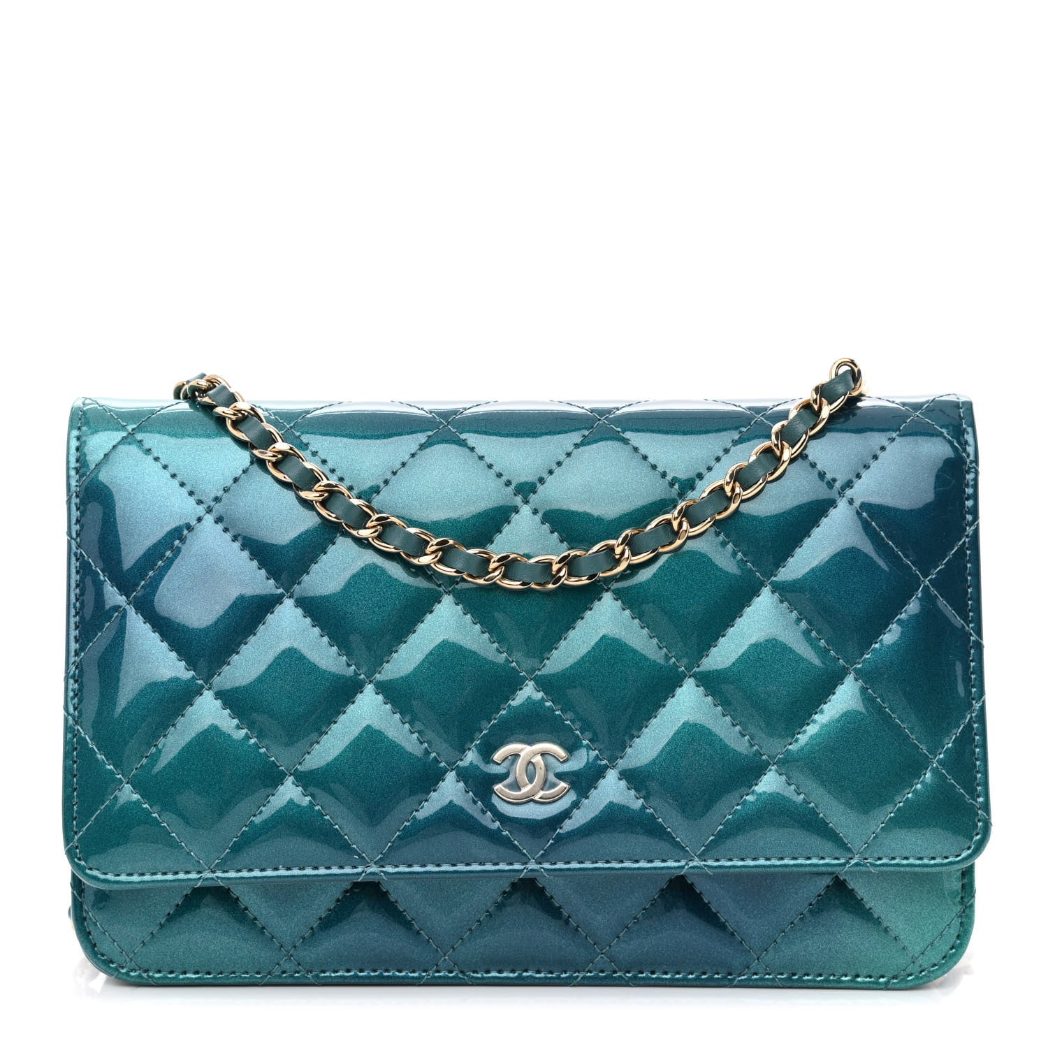 Chanel Shaded Patent Calfskin Quilted Wallet On Chain WOC Green Blue 1 of 12