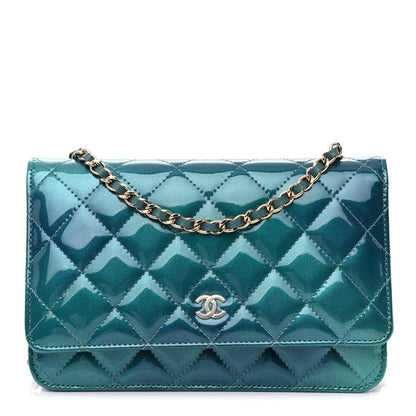 Chanel Shaded Patent Calfskin Quilted Wallet On Chain WOC Green Blue 1 of 12