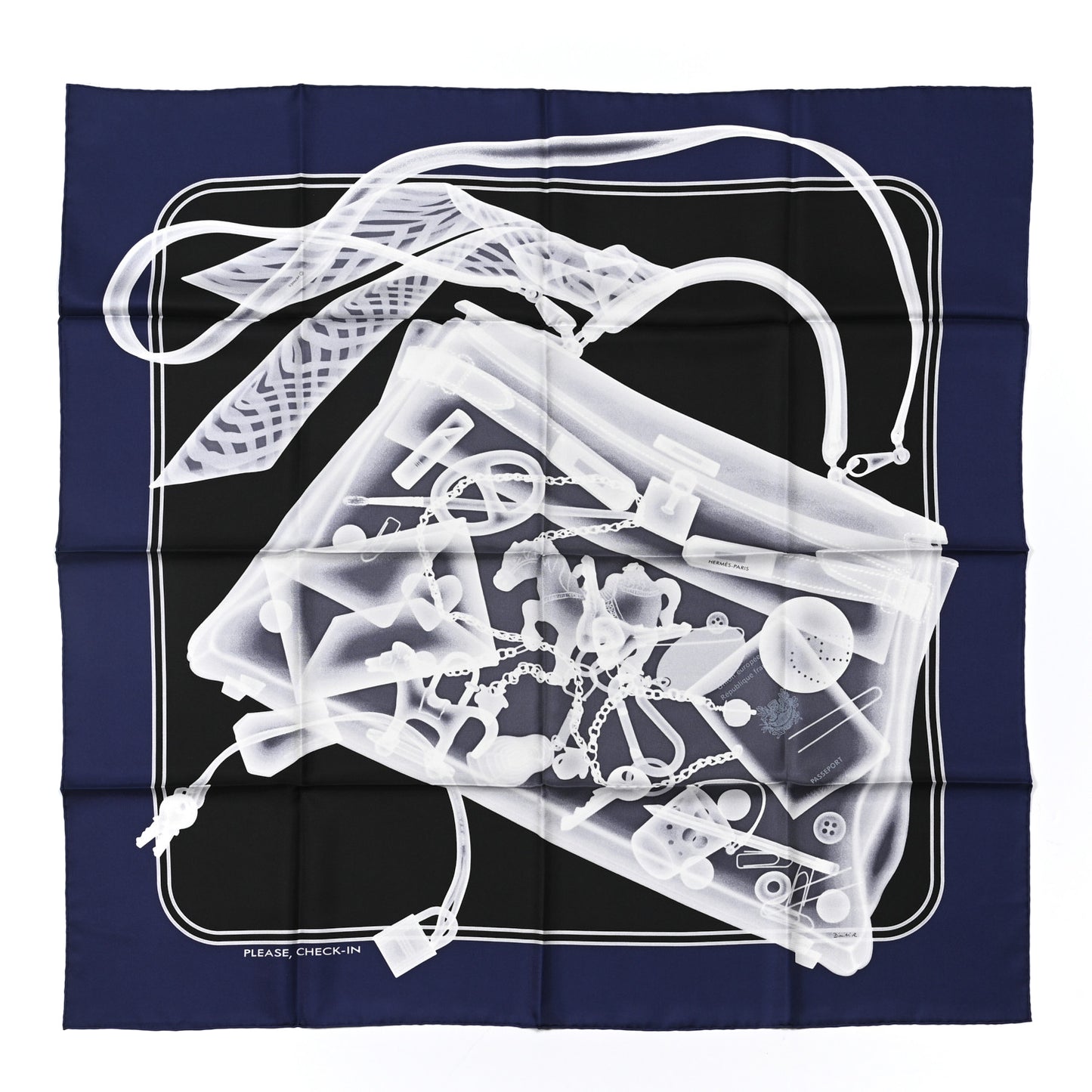 Silk Please Check In Scarf 90 Marine Black White