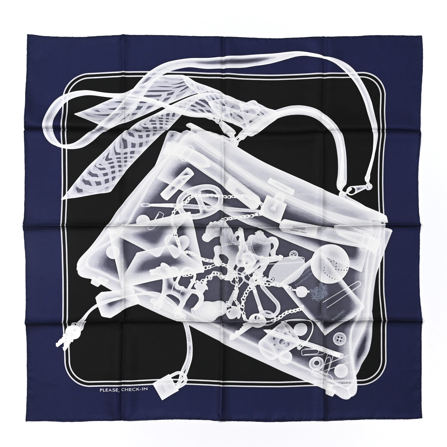 Hermes Silk Please Check In Scarf 90 Marine Black White 1 of 6