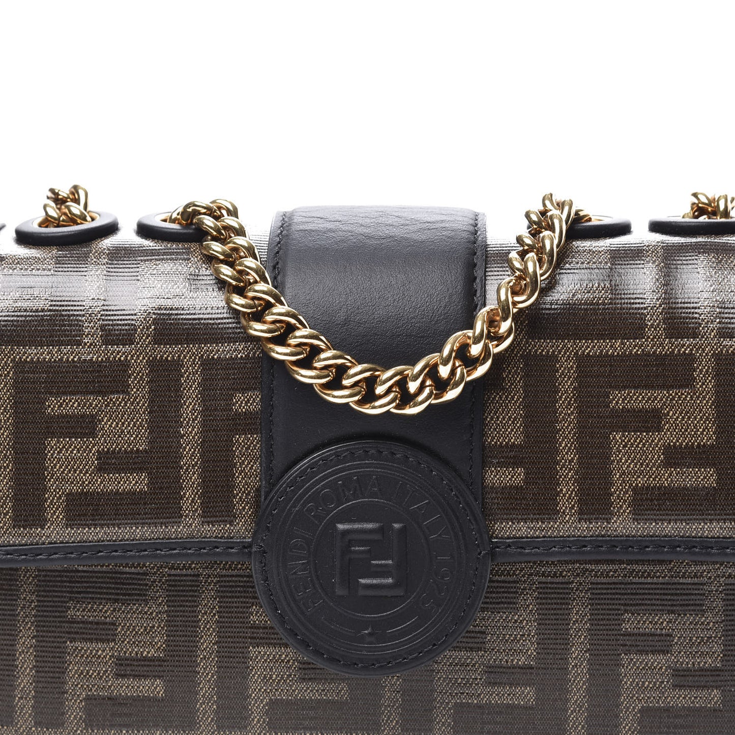Glazed Fabric Vitello Century FF 1974 Stamp Patch Mini Double F Crossbody Bag Mogano Panna Black