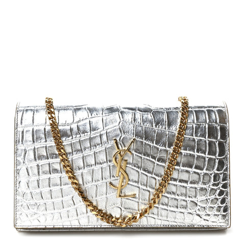Calfskin Crocodile Embossed Monogram Chain Wallet Argento