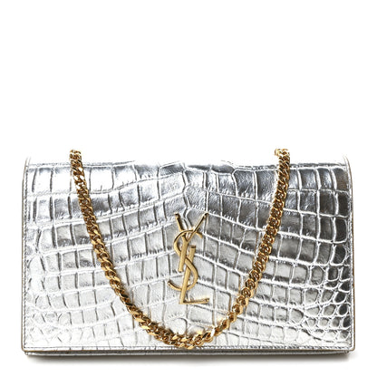 Saint Laurent Calfskin Crocodile Embossed Monogram Chain Wallet Argento 1 of 10