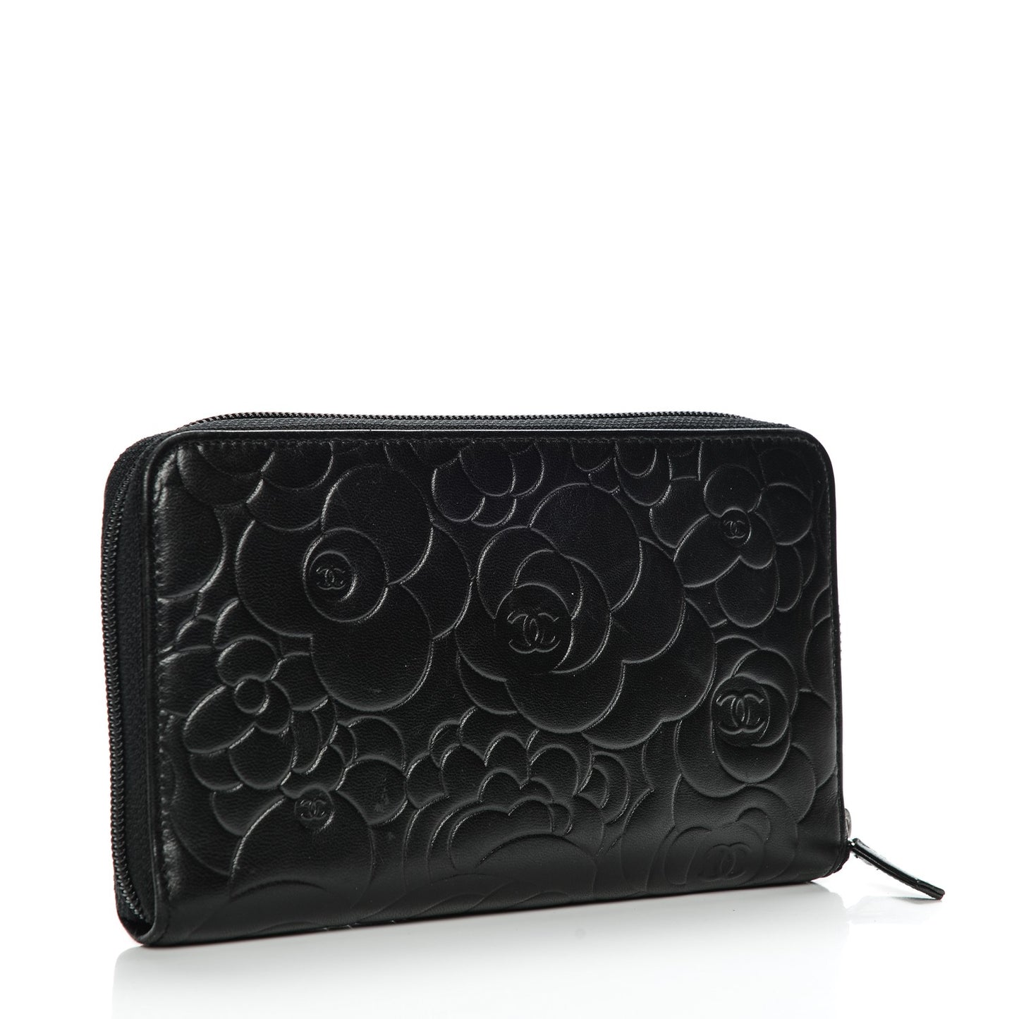 Lambskin Camellia Embossed Zip Around Organizer Wallet Black