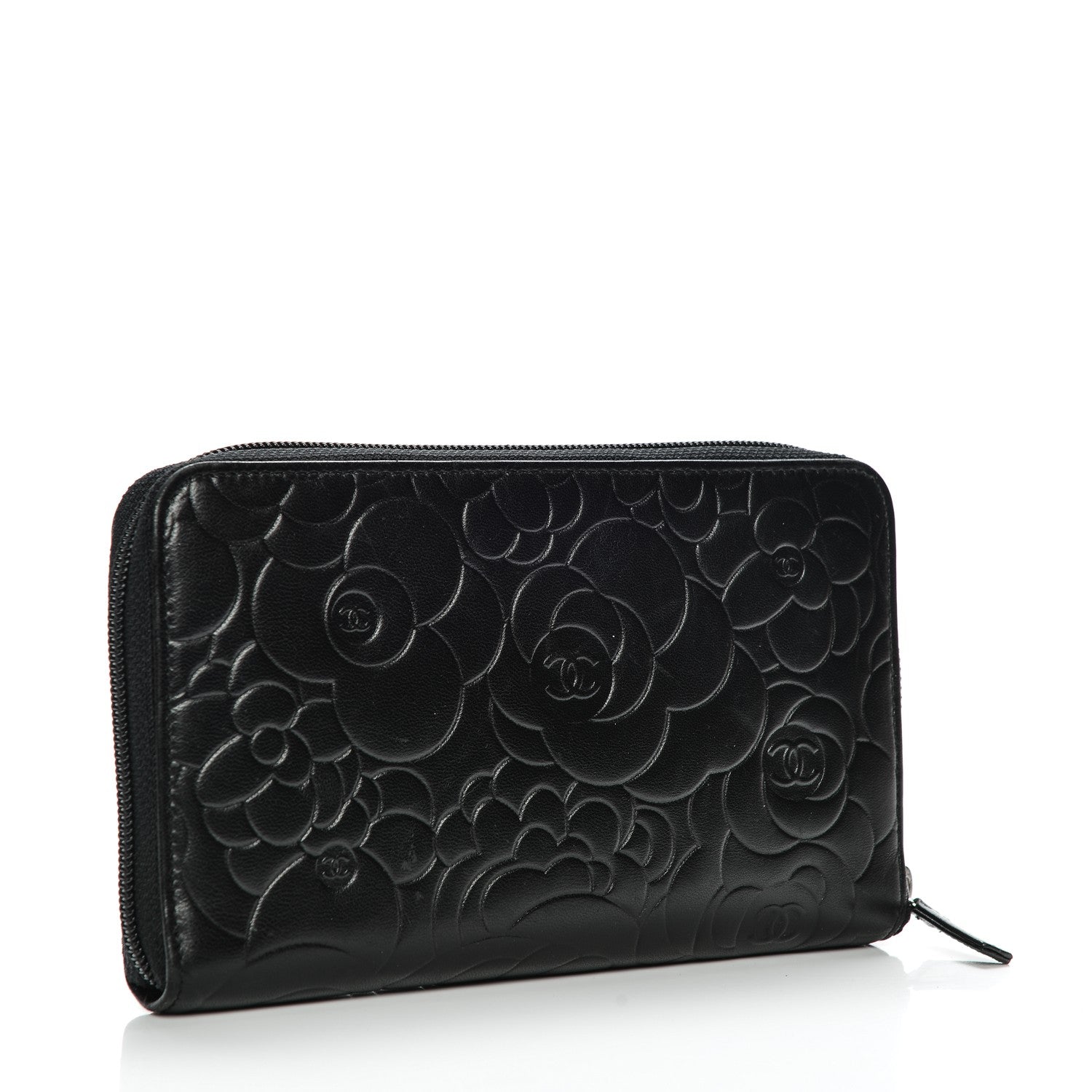 Chanel Lambskin Camellia Embossed Zip Around Organizer Wallet Black 3 of 9