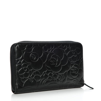 Chanel Lambskin Camellia Embossed Zip Around Organizer Wallet Black 3 of 9