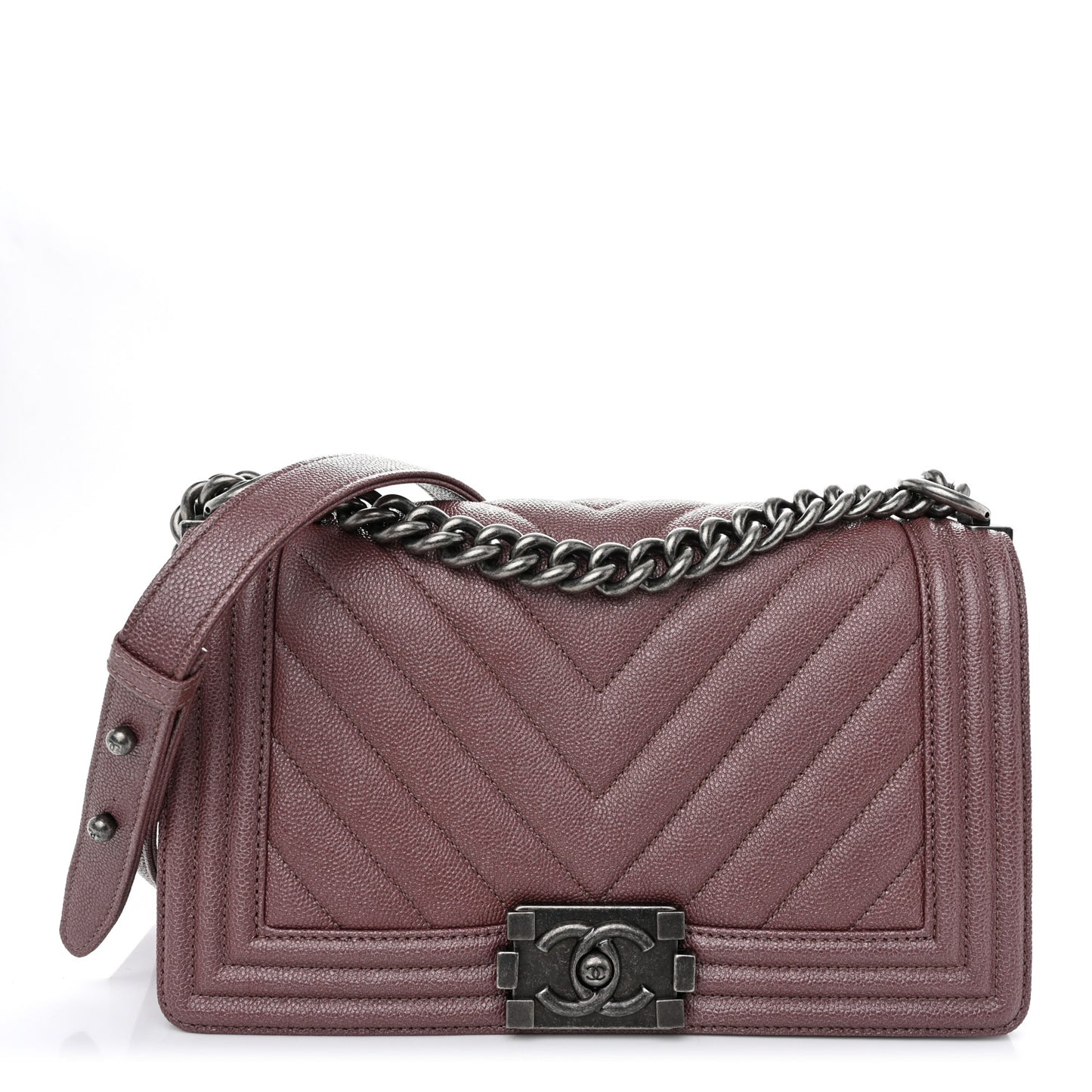 Metallic Caviar Chevron Quilted Medium Boy Flap Dark Pink