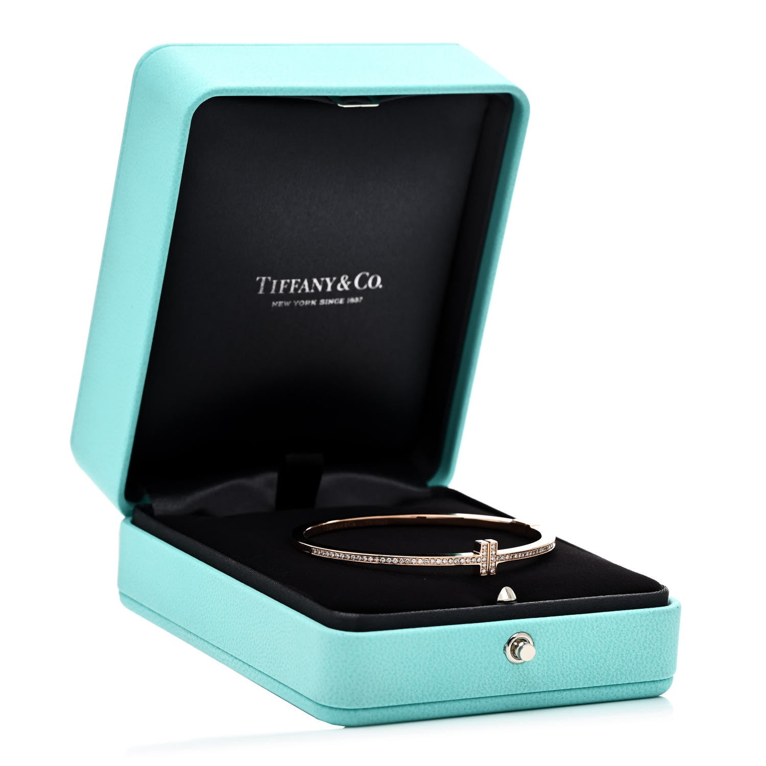 Tiffany 18K Rose Gold Diamond T Hinged Wire Bangle Bracelet 4 of 4