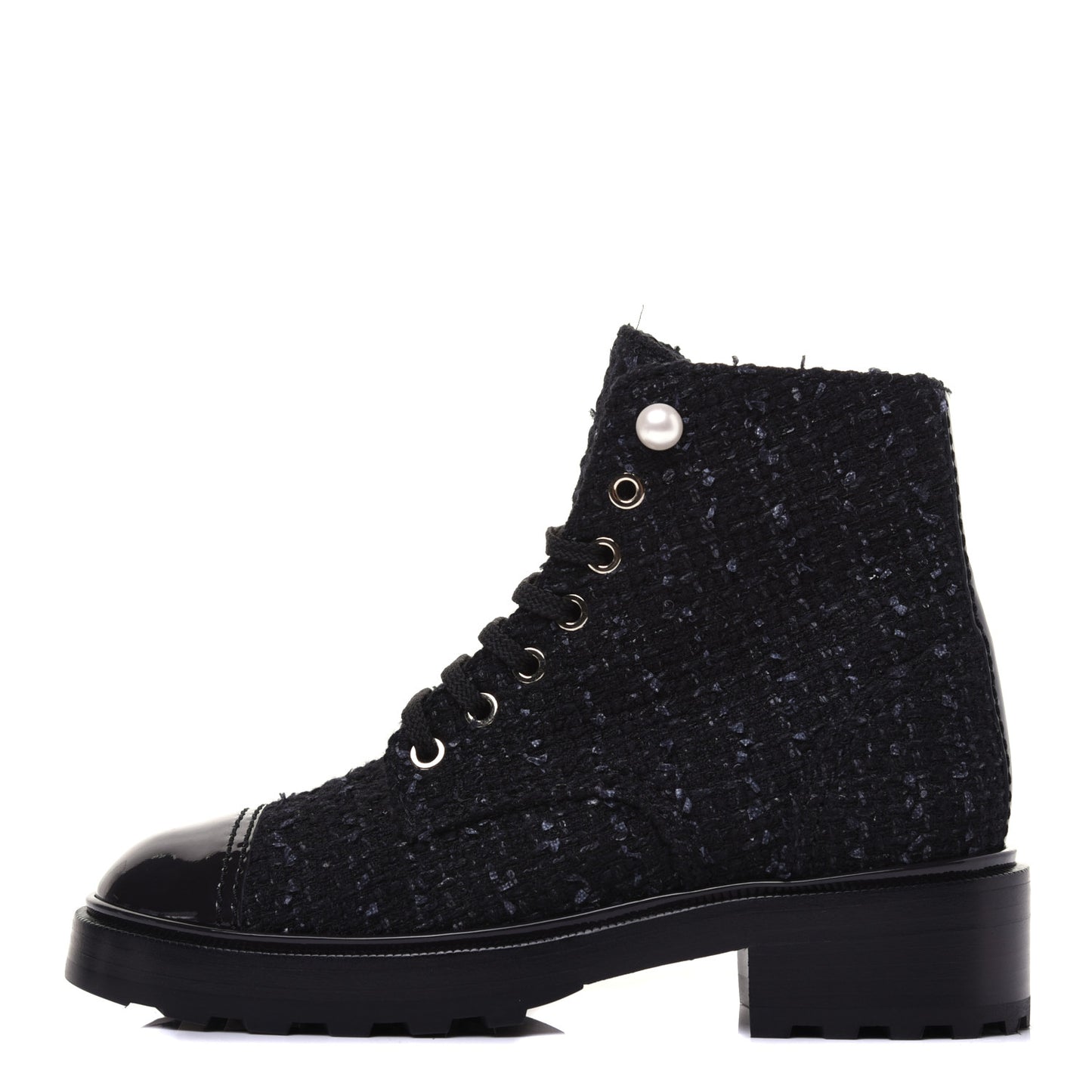 Tweed Patent Calfskin Pearl Combat Short Boots 36.5 Black Grey Blue
