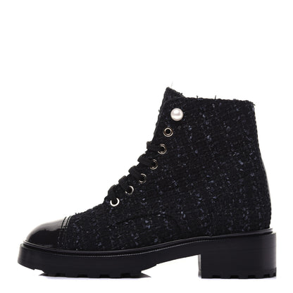 Chanel Tweed Patent Calfskin Pearl Combat Short Boots 36.5 Black Grey Blue 2 of 10