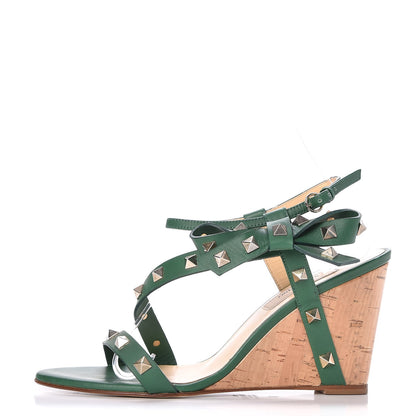 Valentino Garavani Vitello Rockstud Asymmetric Bow Wedge Sandals 37 Green 1 of 7