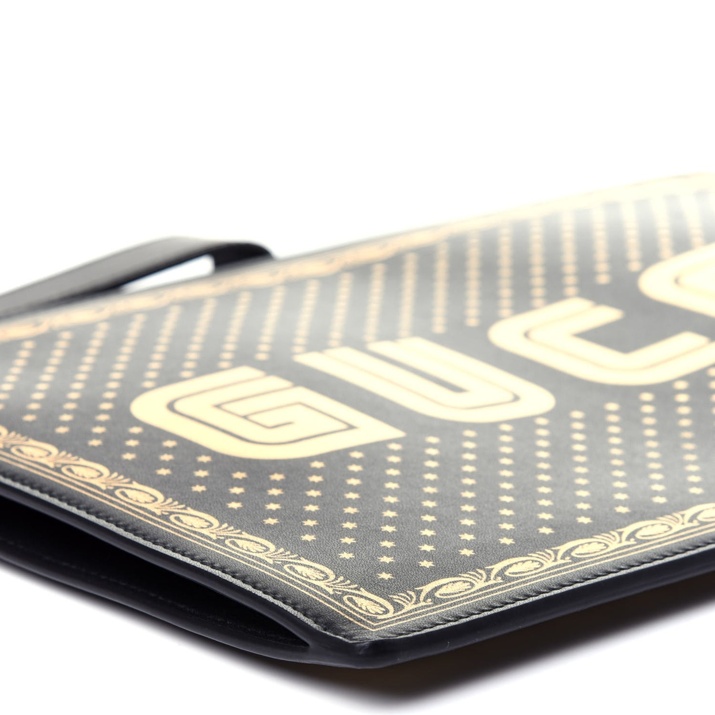 X SEGA Calfskin GUCCY Stars Zip Wristlet Pouch Black Gold