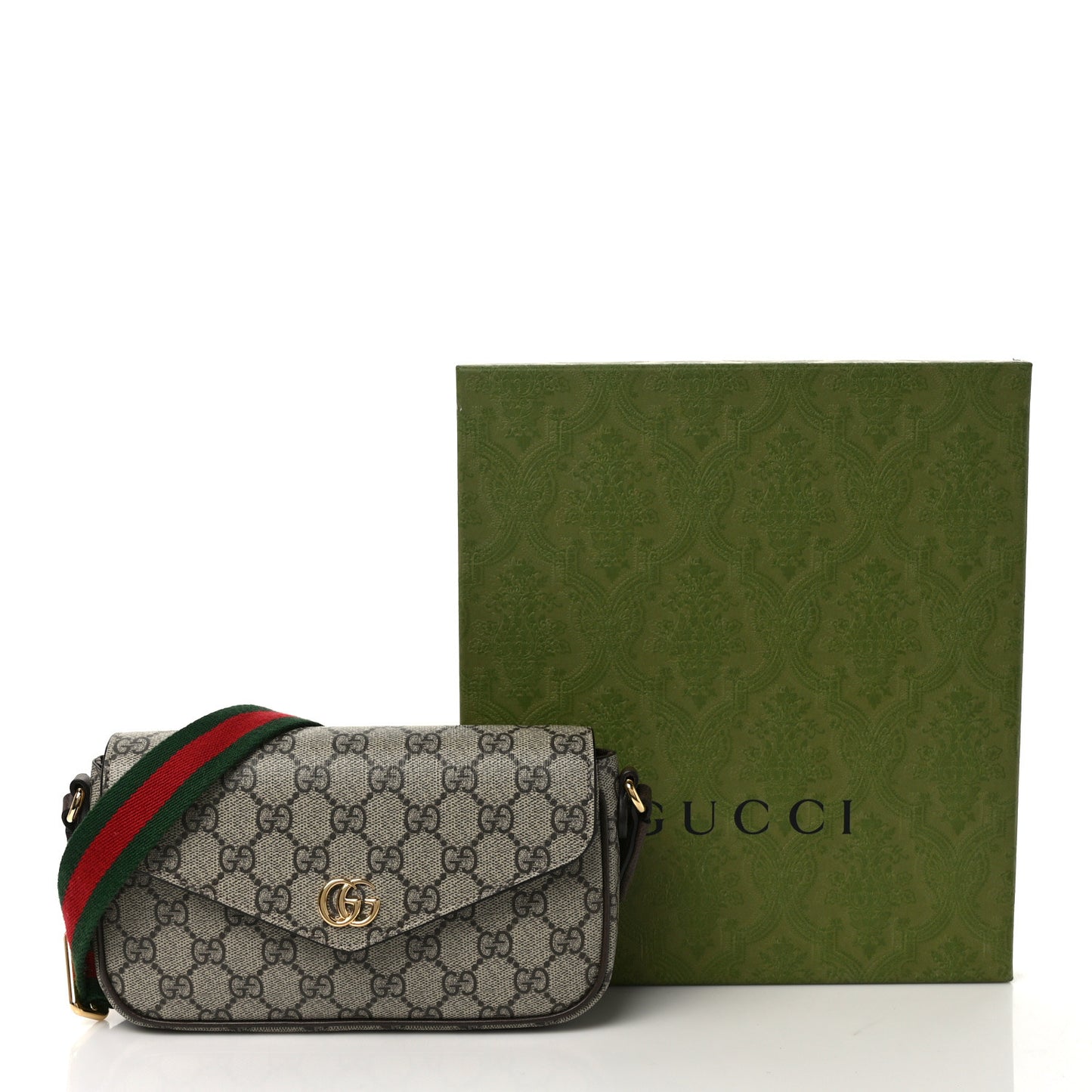 GG Supreme Monogram Textured Dollar Calfskin Web Mini Ophidia Envelope Shoulder Bag Beige Ebony