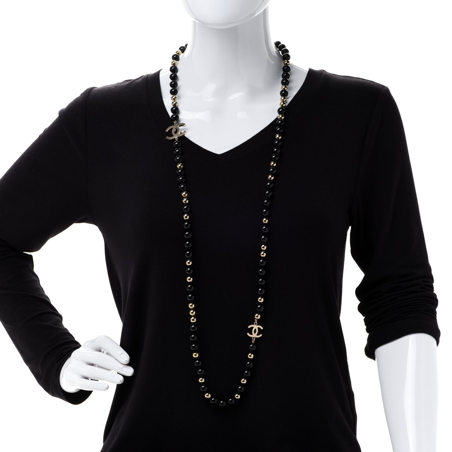 Beaded CC Long Necklace Black Gold