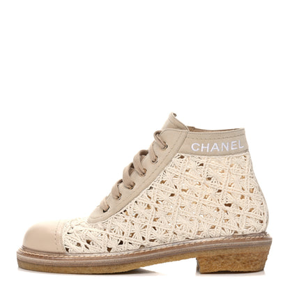 Chanel Crochet Calfskin Lace Up Boots 38 Beige 1 of 11