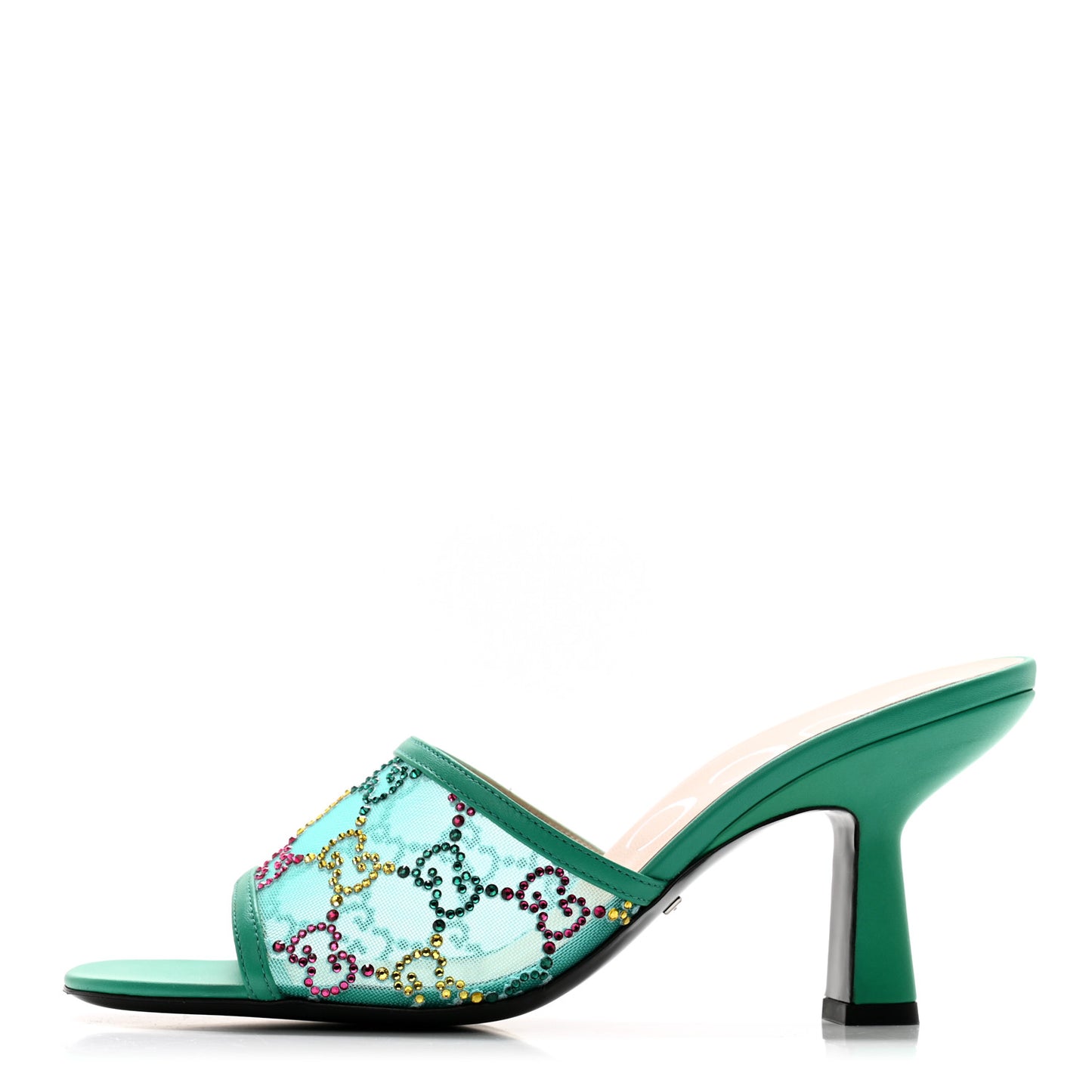 Tela Retino Nappa Crystal GG Monogram Square G 95mm Slide Sandals 37.5 Turquoise