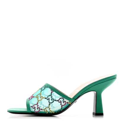 Gucci Tela Retino Nappa Crystal GG Monogram Square G 95mm Slide Sandals 37.5 Turquoise 1 of 9