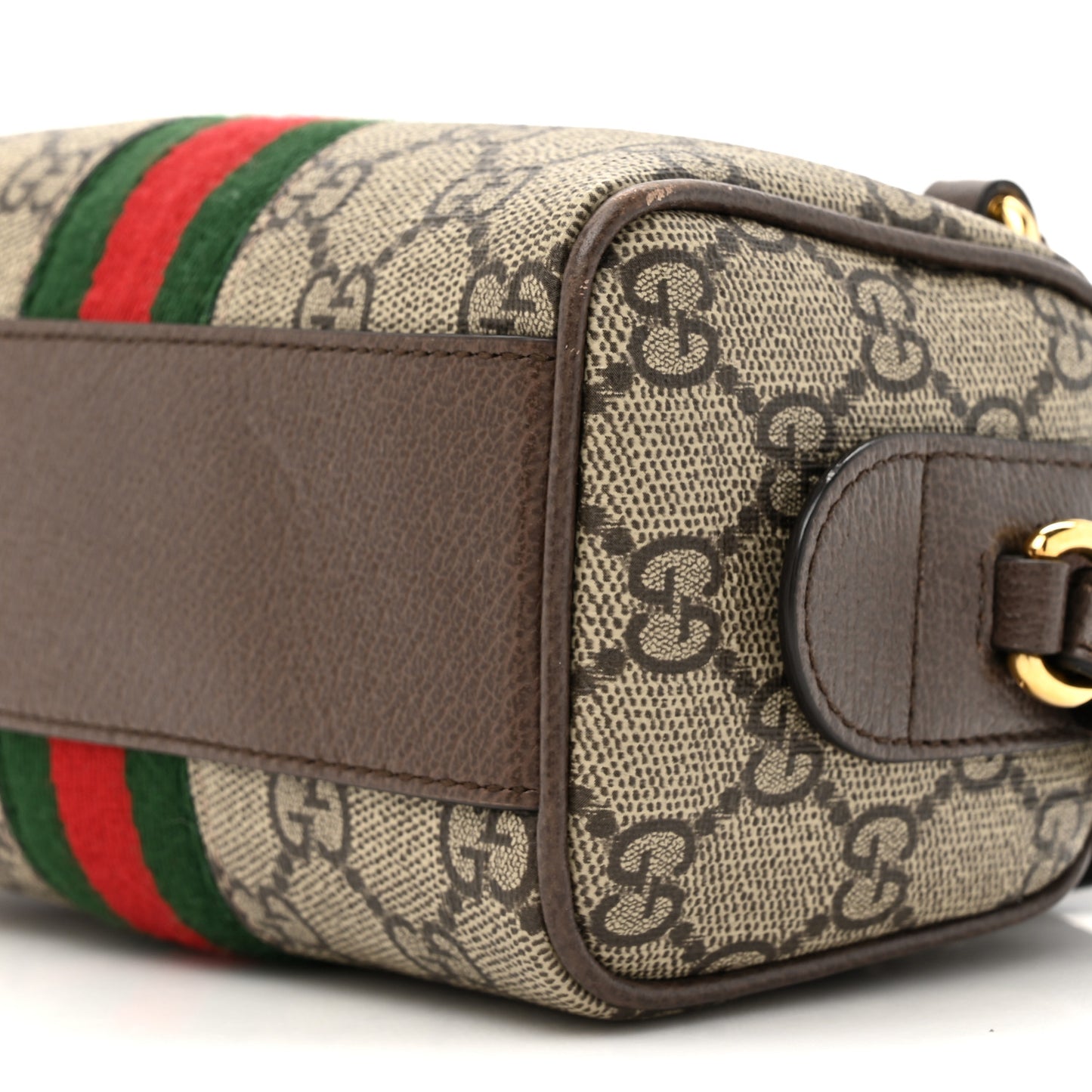 GG Supreme Monogram Textured Dollar Calfskin Web Super Mini Ophidia Top Handle Bowler Bag Beige Ebony New Acero