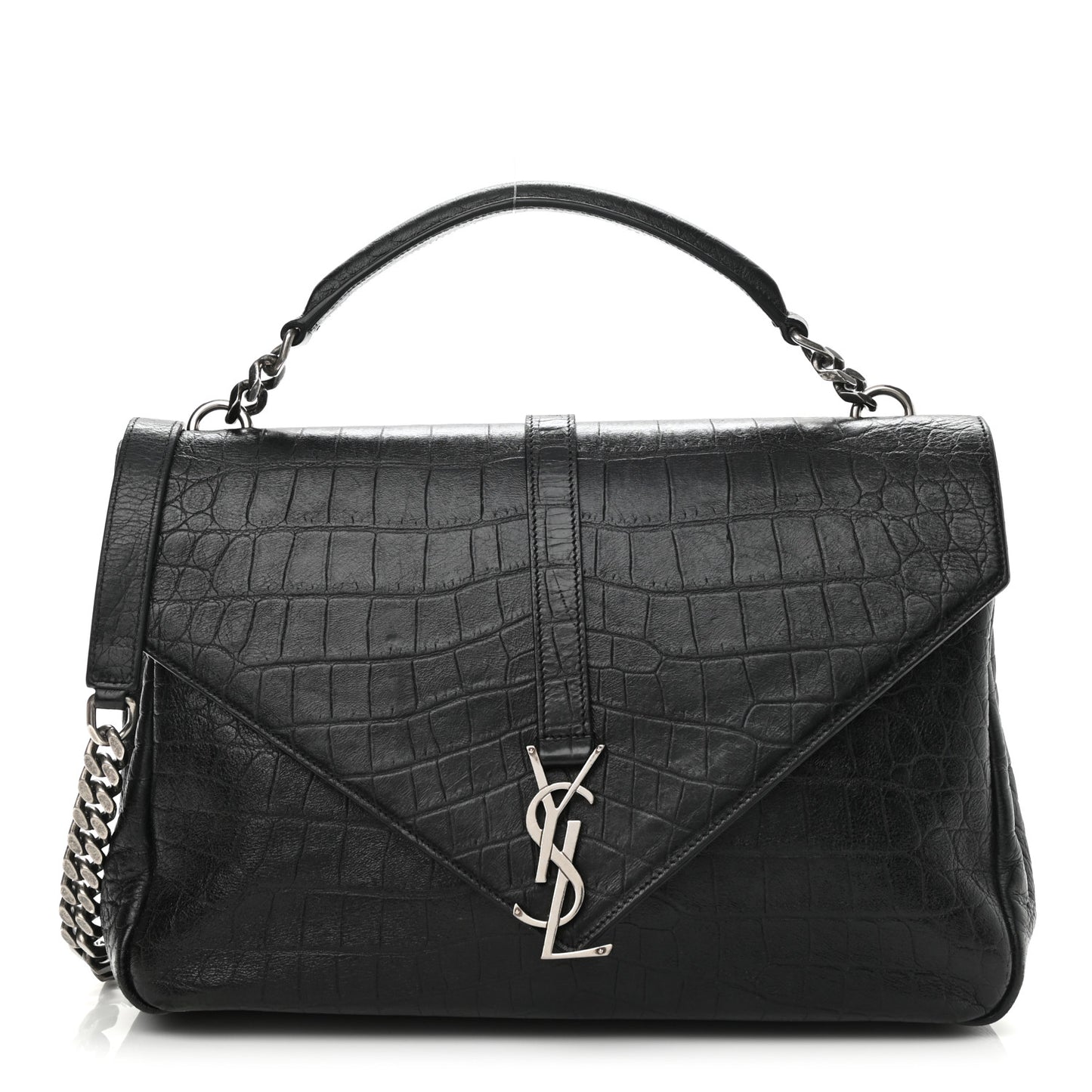 Calfskin Crocodile Embossed Large College Monogram Satchel Black