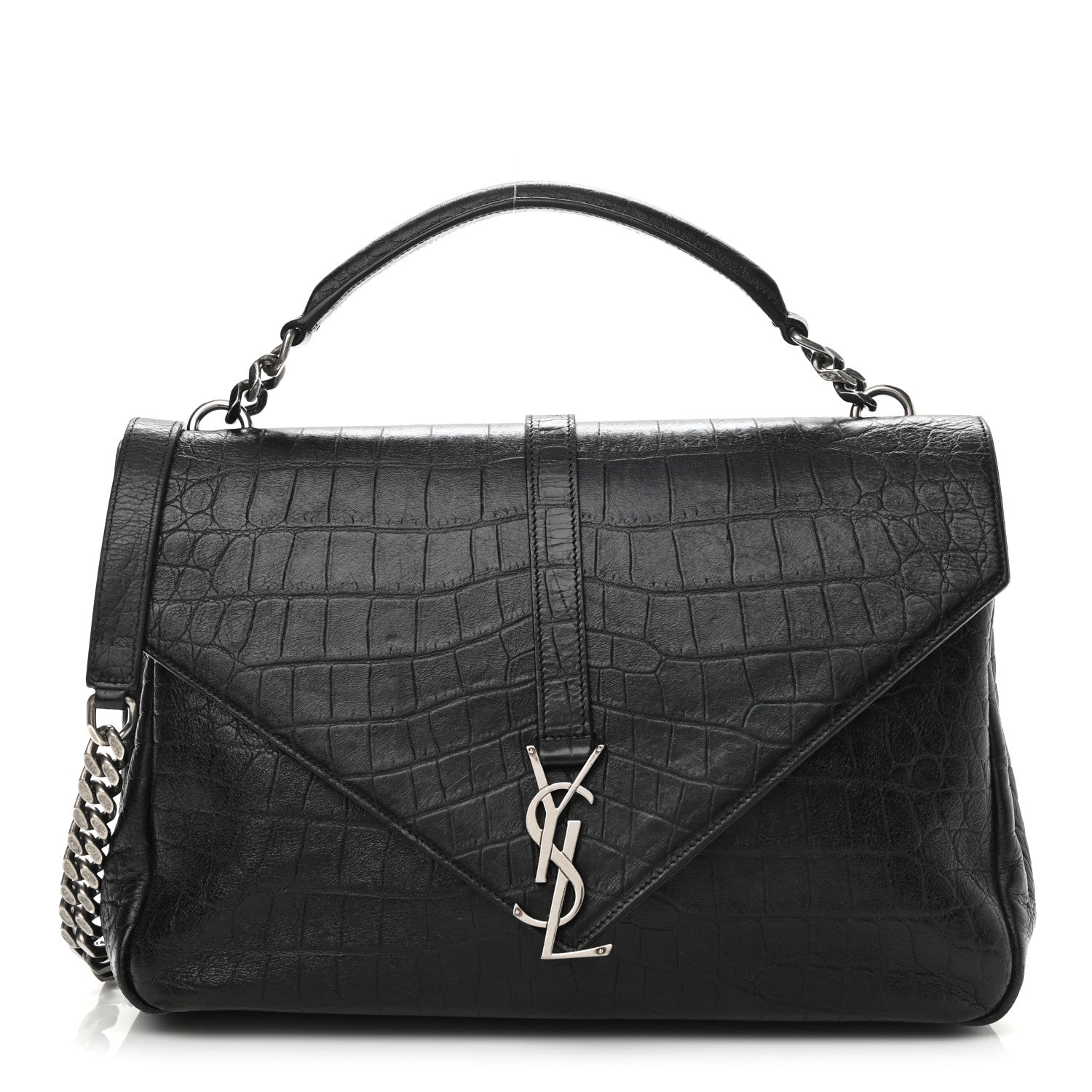 Saint Laurent Calfskin Crocodile Embossed Large College Monogram Satchel Black 1 of 12