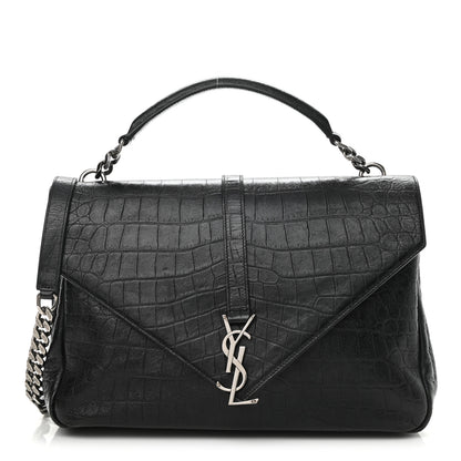 Saint Laurent Calfskin Crocodile Embossed Large College Monogram Satchel Black 1 of 12