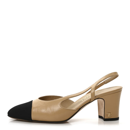 Chanel Goatskin Grosgrain Cap Toe CC Slingback Pumps 37 Beige Black 1 of 9