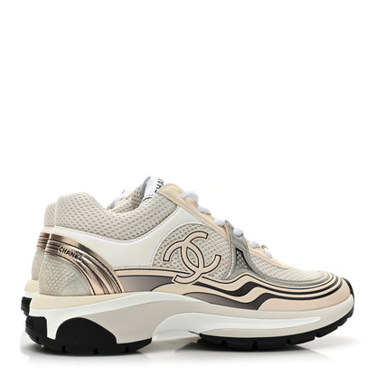 Chanel Fabric Laminated Calfskin Stretch CC Womens Sneakers 36.5 White Gold Silver 5 of 10