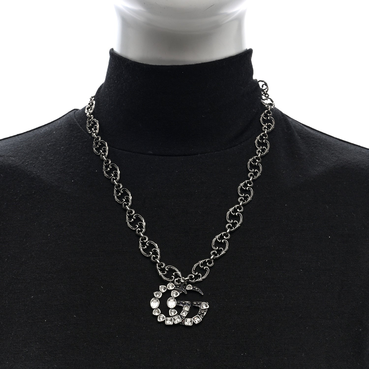 Gucci Metal Crystal Marmont Necklace Aged Silver 2 of 5
