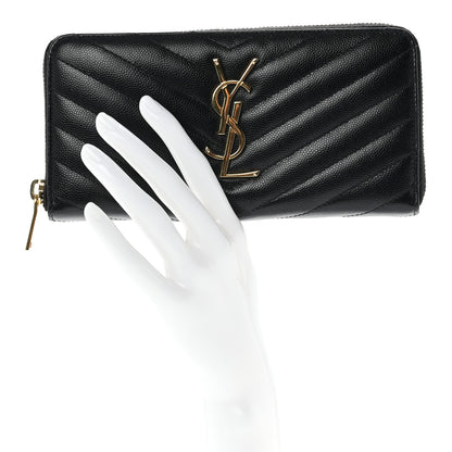 Saint Laurent Grain De Poudre Matelasse Chevron Monogram Zip Around Wallet Black 2 of 7